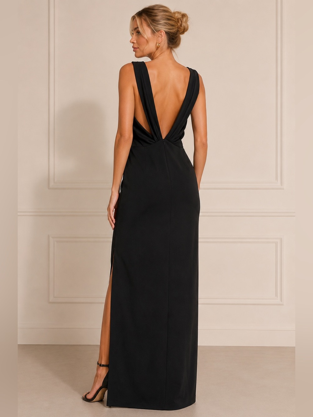 Lulus Black Draped Open Back Plunging V Neck Maxi Gown Dress M NWT Evening - Picture 2 of 9